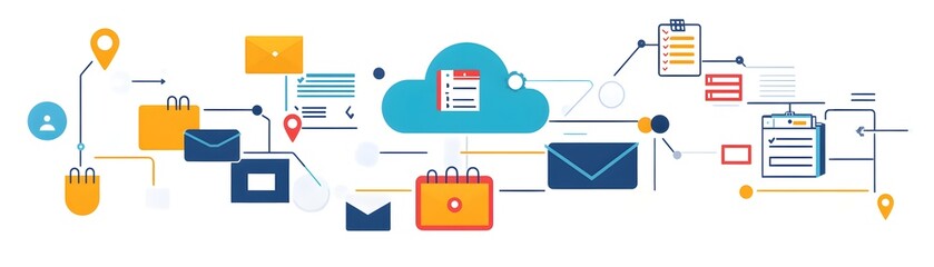 Poster - An abstract illustration of digital communication with icons representing emails, cloud storage, and notifications, showcasing the interconnectedness of modern technology.