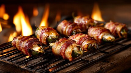 Aufkleber - A mouthwatering image of bacon-wrapped jalapeo poppers on a grilling rack, sizzling over an open flame, highlighting their deliciousness and smoky aroma