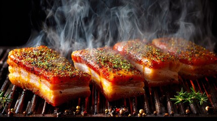 Aufkleber - A mouthwatering image of pork belly slices marinated in spices, sizzling on a grill, with smoke rising and herbs scattered around for added flavor