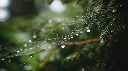 A macro shot of water drops on a spider web in a forest, with natural light and a sense of delicate beauty.