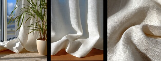 Poster - Gentle curtains flutter in the breeze, illuminated by warm sunlight, inviting tranquility and a sense of calm into the softly lit room