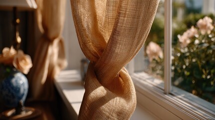 Poster - Gentle curtains flutter in the breeze, illuminated by warm sunlight, inviting tranquility and a sense of calm into the softly lit room