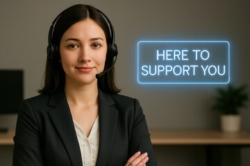 Poster - A dedicated support representative, radiating warmth and professionalism, poised to provide assistance and guidance, embodying the spirit of customer service. customer support service