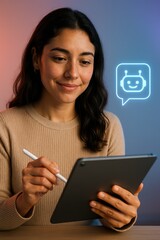 Poster - A smiling person using tablet to communicate with a digital chatbot, showcasing the seamless integration of technology into daily life.