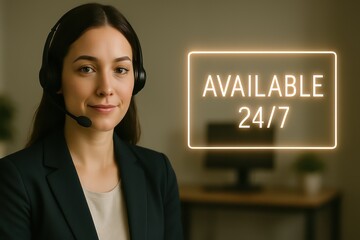 Poster - A professional call center agent showcases 24/7 availability, presenting a friendly, reliable, and responsive customer service. customer support service