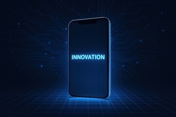 Poster - A futuristic phone radiates innovation, epitomizing cutting-edge technology and connectivity, with a luminous display showcasing the word INNOVATION. This visual emphasizes progress, modernity.