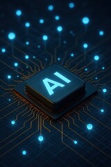 Poster - An innovative and cutting-edge view of an AI chip featuring the glowing AI label on it with integrated electronic circuit and glowing blue lights which give tech and futuristic feeling.