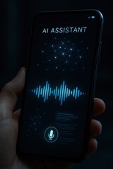 Poster - A close-up shot of a person's hand holding a sleek smartphone, illuminating with the words AI Assistant and a dynamic audio waveform on the screen.
