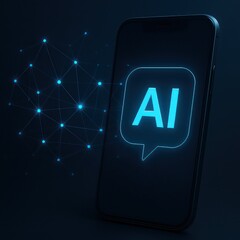 Poster - An illustrative image shows an AI chatbot on a smartphone screen, with a glowing network of interconnected nodes. the image shows the progress of AI technology