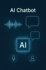 Poster - An illustrative digital representation of a sleek AI chatbot interface, incorporating speech, user interaction and digital processing and the AI text appears on the screen.