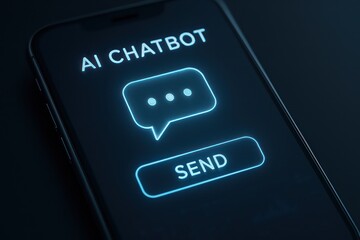 Poster - A close-up of a smartphone screen, showcasing the interface of an artificial intelligence chatbot. The glowing chat bubble indicates the conversation is ready for interaction.