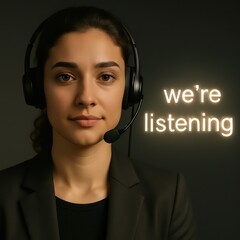 Poster - A dedicated professional, donned in a headset, embodies attentiveness and support, illuminated by a motivational neon sign promising attentive service.