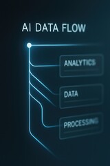 Poster - A sleek and futuristic illustration visualizing the intricate data flow within AI, highlighting analytics, processing, and data in a clear, graphical representation.