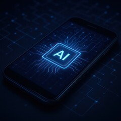 Poster - A smartphone, rendered in a futuristic blue glow, showcasing an integrated AI, symbolizing modern technology and intelligent interaction.