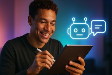 Poster - An image captures a man interacts with a chatbot on a tablet in a modern, digitally-infused setting, illustrating the seamless fusion of human interaction with technological advancement.