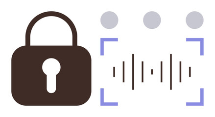 Poster - Padlock with waveforms and dots emphasizing voice authentication. Ideal for cybersecurity, privacy, identification, protection, biometrics, digital access, secure technology. Minimalistic flat