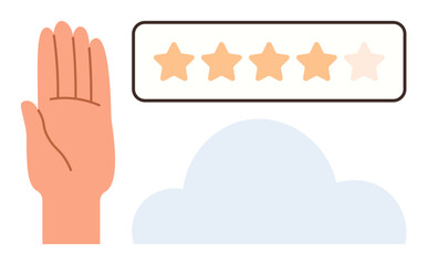 Poster - Raised hand next to five-star rating bar with four stars filled and cloud below. Ideal for feedback, review, quality rating, online evaluation, service ranking, user opinions, simple flat metaphor