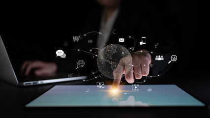 Poster - Visualization of global digital communication and online across multiple platforms, including global network, digital network, communication network, and online network. Latch