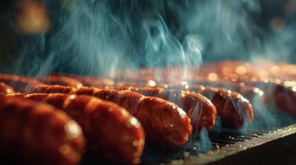 Aufkleber - A wide shot of sausages on a grill, with a light glaze of oil and smoke rising, captured in soft, natural light, creating a mouth-watering atmosphere