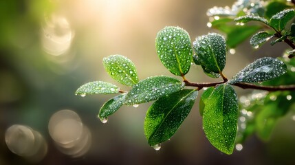 Poster - Close-up of fresh green leaves with morning dew under bright sunlight, symbolizing growth, freshness, and new beginnings for the New Year