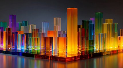 Poster - Colorful D bar graph with tall, transparent bars on a reflective surface, casting shadows and illuminated by soft ambient lighting