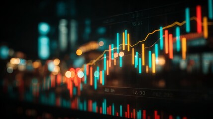 Poster - Digital financial graphs and line charts overlaid on a futuristic background, representing data analysis and business growth trends.