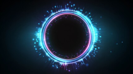 Poster - Futuristic radar-style circular graphic with bright neon lines and rotating elements on a dark tech-inspired background