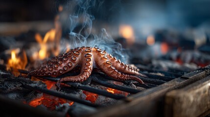 Aufkleber - Octopus cooking over hot coals, with visible grill marks and glowing embers creating a rustic and authentic street food vibe