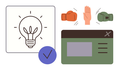 Poster - Lightbulb representing ideas, red boxing glove, stop hand, green glove for resolving conflict, web interface window with checkbox. Ideal for creativity, teamwork, solutions, innovation conflict