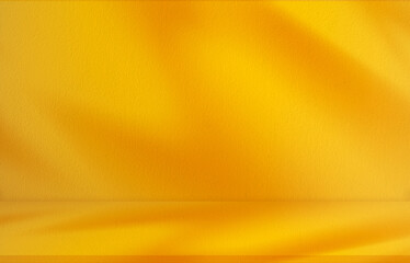 Poster - Autumn Orange Background,Studio with shadow leaves on cement wall,Yellow Backdrop Display Room with sunlight overlay on floor,Concept for Cosmetic product presentation,Sale,Online shop in Fall Season