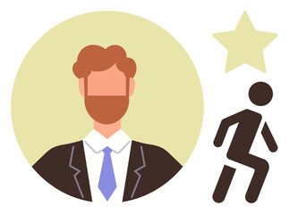Poster - Businessman avatar in suit and tie accompanied by an upward-striding figure and a star. Ideal for career goals, leadership, ambition, success, achievement, personal growth, simple flat metaphor