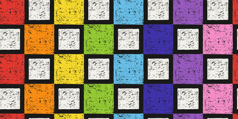 Wall Mural - Checkered Rainbow Seamless Pattern of Hand-Drawn Squares on Dark Backdrop. Style of Children's Drawing.