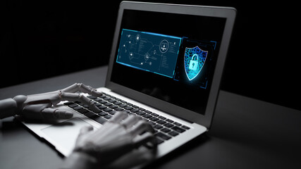 Poster - AI artificial intelligence strengthens cybersecurity with intelligent threat detection, virtual assistant alerts, and proactive protection agAI artificial intelligencenst digital breaches. Latch