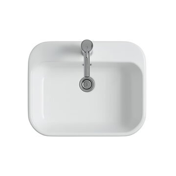 A top-down view of an oval-shaped white sink with brass hardware, centered on the canvas, set against a pure-white background for easy digital color application.  