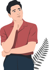 Poster - A man in a red shirt and blue pants is standing with his hand on his chin looking thoughtful with leaf art