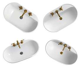 Fototapete - A top-down view of an oval-shaped white sink with brass hardware, centered on the canvas, set against a pure-white background for easy digital color application.  