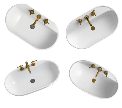A top-down view of an oval-shaped white sink with brass hardware, centered on the canvas, set against a pure-white background for easy digital color application.  