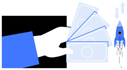 Poster - Hand holding money, rocket ascending, illustrating funding, investment, growth. Ideal for finance, innovation, business entrepreneurship technology venture capital startup visuals. Simple flat