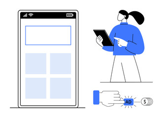 Poster - Woman holding tablet near mobile screen interface, hand clicking ad button next to dollar icon. Ideal for digital marketing, app monetization, online ads, user interaction, revenue models, UIUX