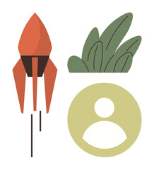 Poster - Rocket lifting off, minimal user icon, and abstract green leaves. Ideal for growth, innovation, personal development, ecology, business technology progress. Simple flat metaphor