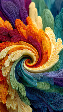 Vibrant spiral of layered colorful abstract textures in a swirling motion