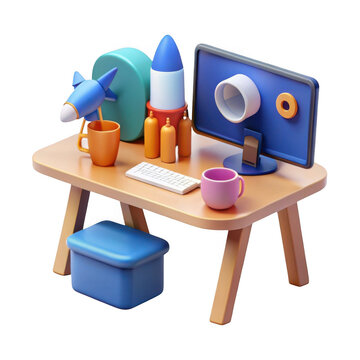 3d cartoon desk setup with computer rocket and mugs isolated on transparent background