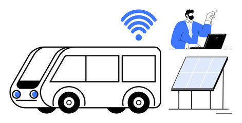 Poster - Modern bus with wireless signal, professional working on laptop, nearby solar panel. Ideal for transportation, smart city, renewable energy, technology, innovation, sustainability green energy