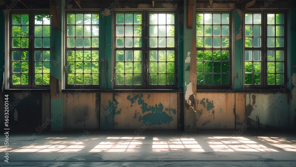 rustic industrial room with a series of large, old windows with metal ...