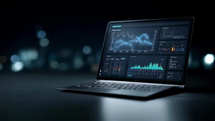 Poster - Open laptop displaying complex data analysis charts and graphs on its screen, suggesting innovation and technological advancement in a dark environment with blurred city lights in the background