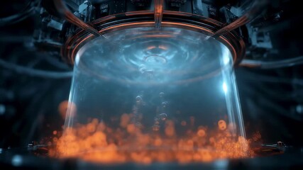 Poster - Futuristic industrial container is releasing glowing bubbles into a transparent liquid solution, creating a mesmerizing display of light and motion, suggesting advanced scientific innovation