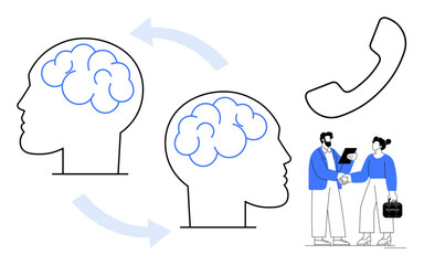 Poster - Two brains connected by arrows represent knowledge transfer. Business professionals shaking hands and a phone suggest communication, teamwork, and collaboration. Ideal for education, idea sharing