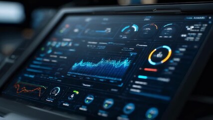 Poster - Futuristic control panel featuring complex data analysis through interactive charts and graphs, embodying advanced technology and sleek modern design