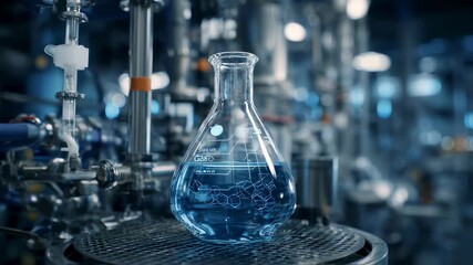 Poster - Chemical reaction producing a vibrant blue liquid in a laboratory flask, showcasing innovation in scientific research and development with advanced equipment and technology