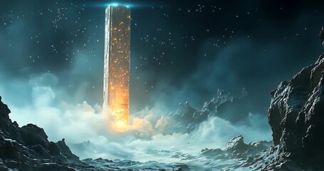 Wall Mural - A glowing tower emits light and fog in a dark, snowy, rocky landscape under a starry night sky.